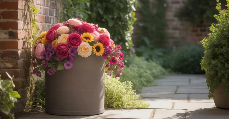 outdoor artificial flower pot with vibrant lifelike blooms on a patio