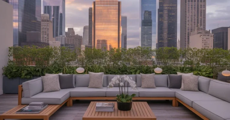 stylish roof deck ideas with modern seating, greenery, and city skyline views