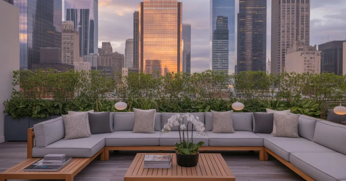 stylish roof deck ideas with modern seating, greenery, and city skyline views
