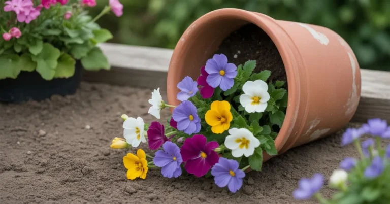 Spilled flower pot with colorful blooms cascading into a natural garden be