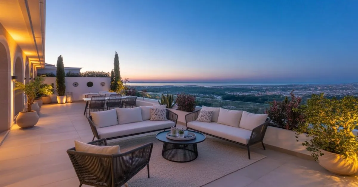 Stunning terrace ideas with modern furniture, soft lighting, and greenery on a rooftop patio.