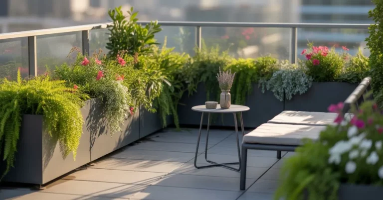 terrace garden ideas with rooftop plants, vertical greenery, and seating arrangement