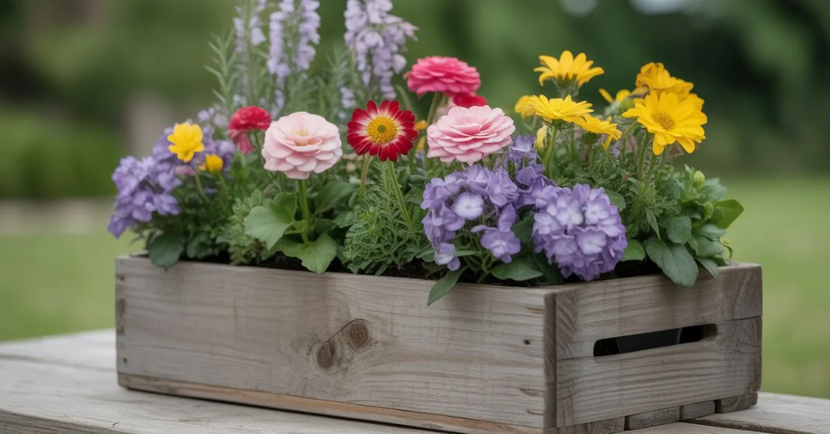A rustic wooden crate repurposed as a flower planter filled with colorful seasonal blooms.