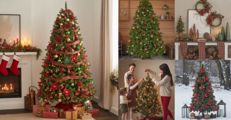 Classic Red and Green Christmas Tree Living Room Scene A beautifully decorated Christmas tree with red and green ornaments, gold accents, and warm string lights in a cozy living room setting with stockings and wrapped gifts. Elegant Traditional Holiday Décor A red and green themed Christmas tree beside a fireplace, surrounded by garlands, poinsettias, and glowing candles. Modern Red and Green Christmas Tree Setup A sleek, modern living room with a slim Christmas tree decorated in minimal red and green ornaments with white lights and neutral walls. Rustic Christmas Cabin Look A tree in a wooden cabin interior featuring plaid red-green ribbons, pinecones, and farmhouse-style ornaments. Outdoor Red and Green Christmas Tree Scene An outdoor snow-covered setting with a red-and-green-decorated Christmas tree, lanterns, and festive wreaths. Family Decorating the Tree A joyful family hanging red and green ornaments together, creating a warm and festive lifestyle feel. Luxury Holiday Aesthetic A grand Christmas tree with deep emerald green and rich crimson decorations, metallic gold accents, and velvet ribbon for an upscale vibe.