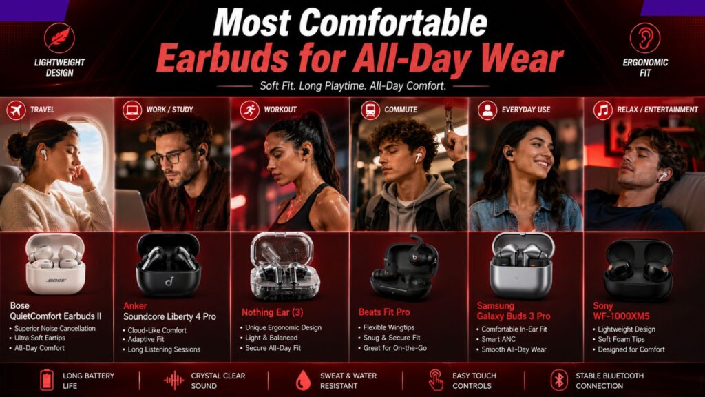 Best Wireless Earbuds Under 200 Dollars in 2026: Top Picks for Sound, Comfort & Value 2 Most Comfortable Earbuds for All-Day Wear designed with an ergonomic fit, lightweight construction, soft ear tips, and long-lasting comfort for work, travel, workouts, and daily use.