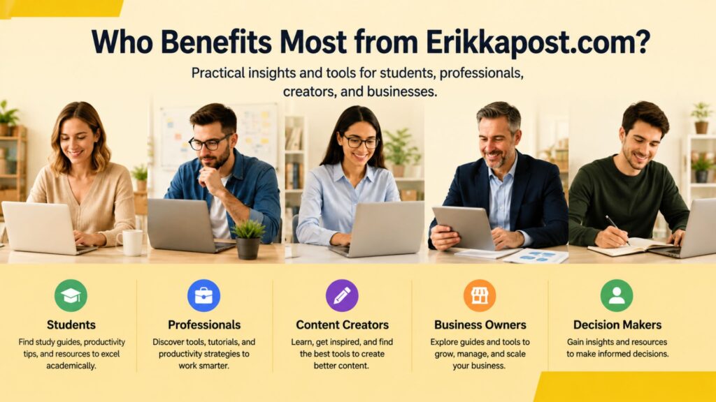 Erikkapost com: Complete Guide to Features, Content, and Platform Benefits (2026) 3 Professionals, bloggers, marketers, entrepreneurs, students, and readers benefiting from the informative content and digital resources available on Erikkapost com.