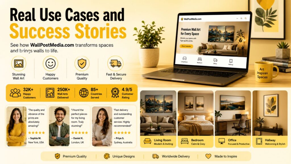 WallPostMedia com Review 2026: Premium Digital Media Platform Explained 3 Real use cases and success stories showcasing creators, businesses, and marketers using AI-powered tools to improve content creation, productivity, audience engagement, and creative outcomes.