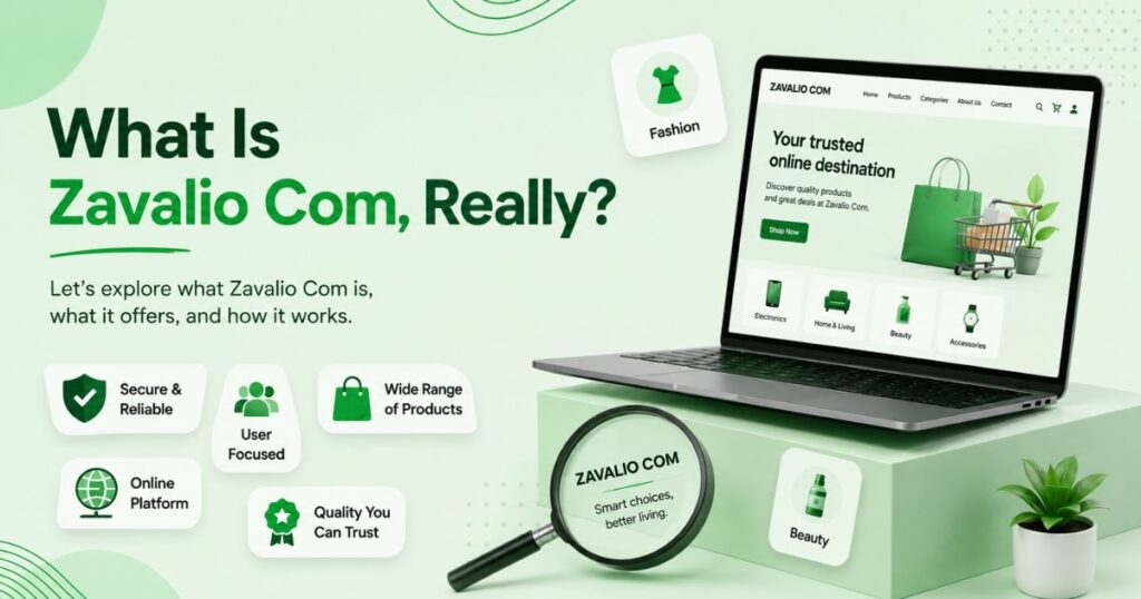 Zavalio Com Explained: What We Verified (And What Remains Unclear) in 2026 2 Laptop displaying the Zavalio Com platform interface with digital content, analytics, search, and publishing icons in a modern workspace
